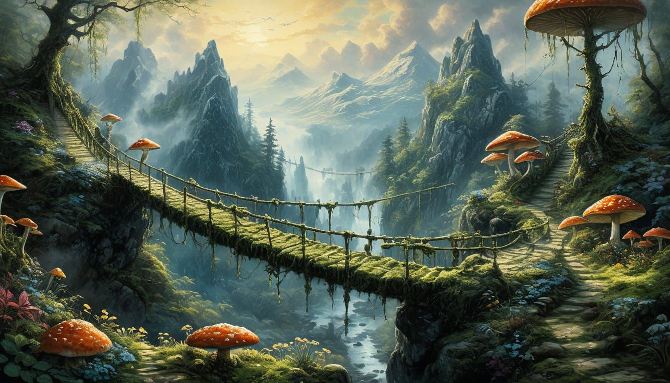 Impressionist Dreamscapes: Vibrant Moss Bridge Amidst Misty ...