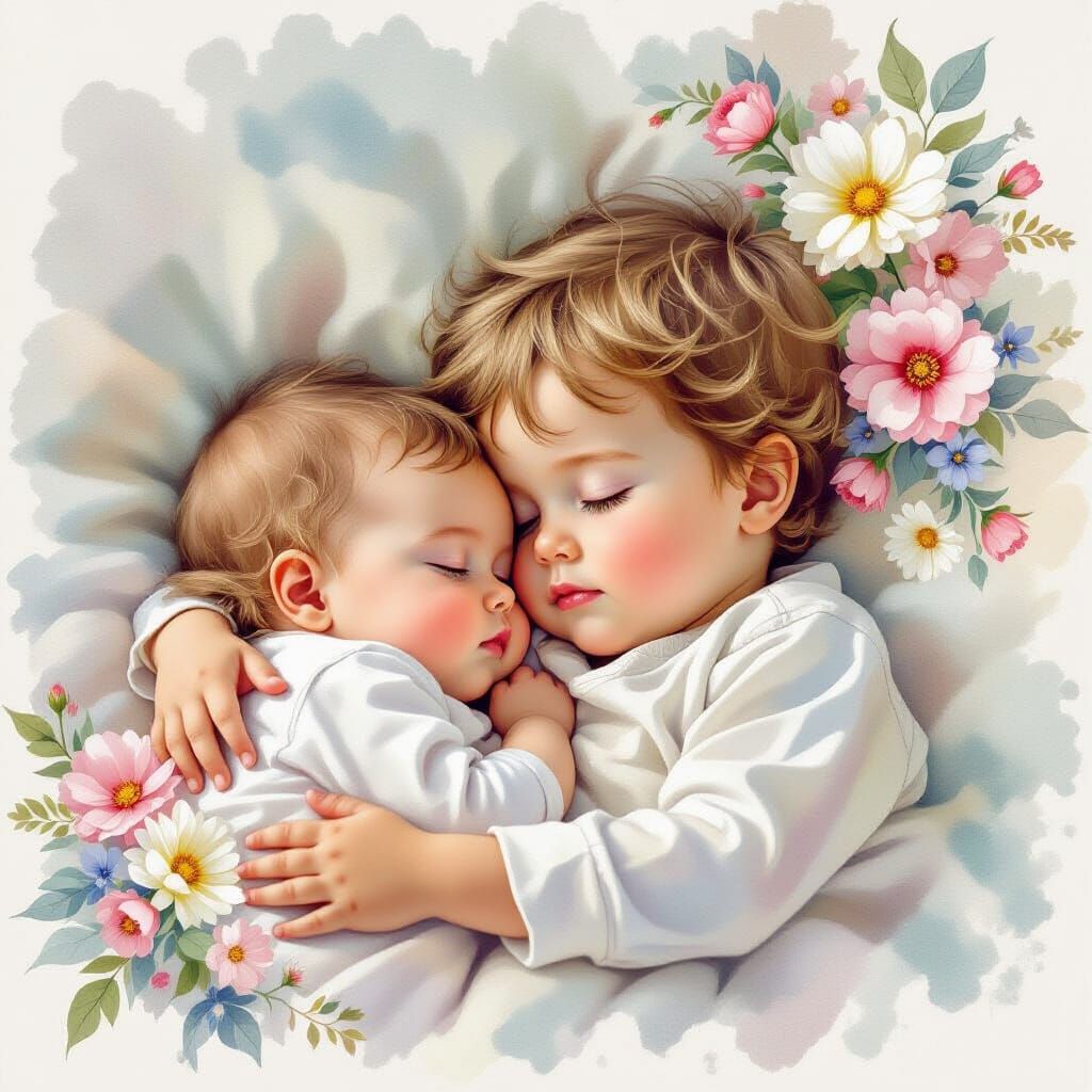 Ethereal Watercolor of Sleeping Siblings with Flowers