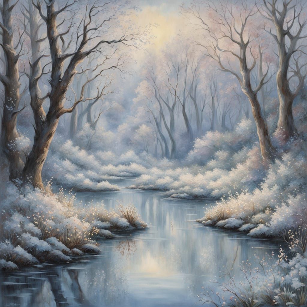 Winter Enchantment: Whimsical Woodland River Scene in Romant...