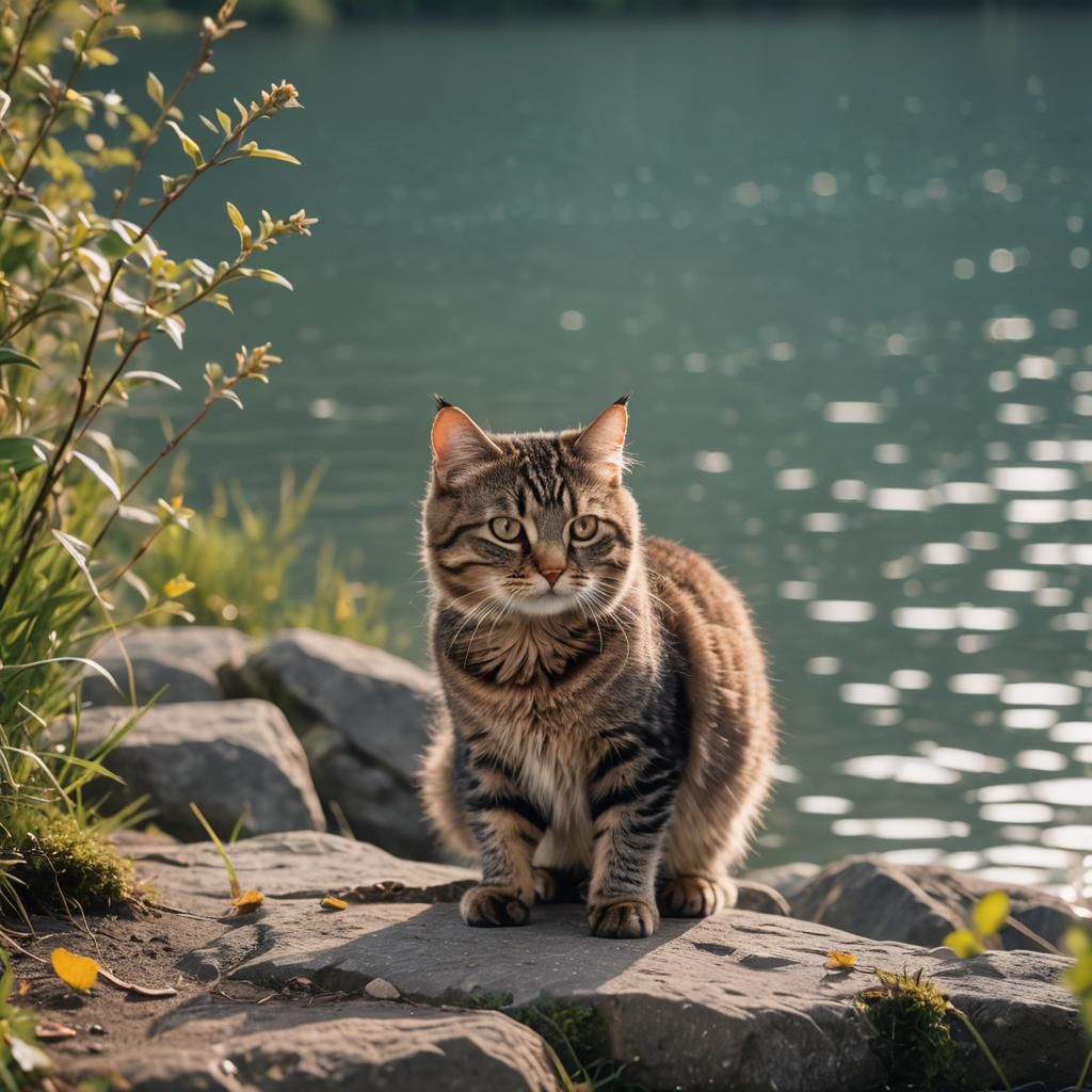 Cute Cat at Lake Edge in Bokeh Photography