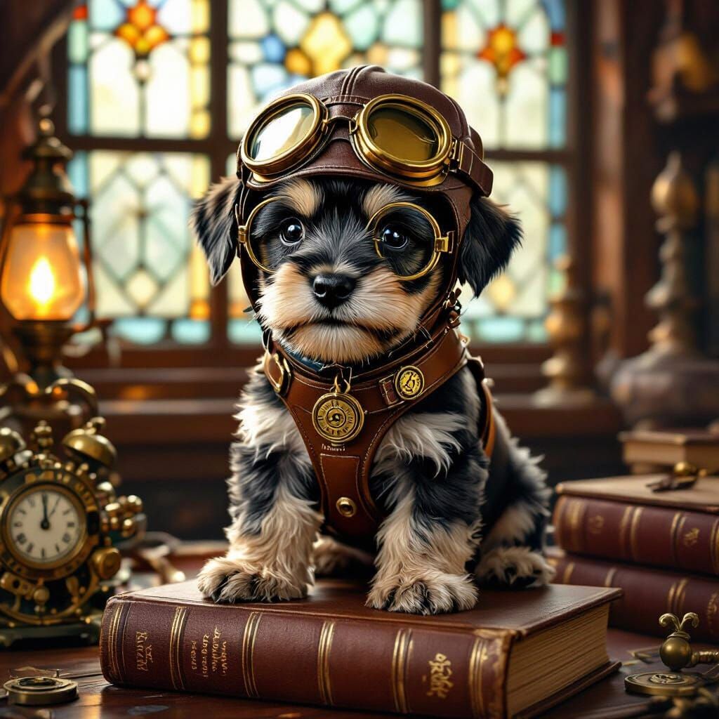 Schnauzer Puppy Aviator on Books, Steampunk Study