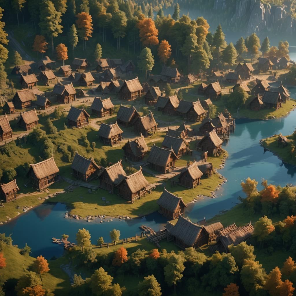 Medieval Viking Village Beside Lake in Fantasy Art