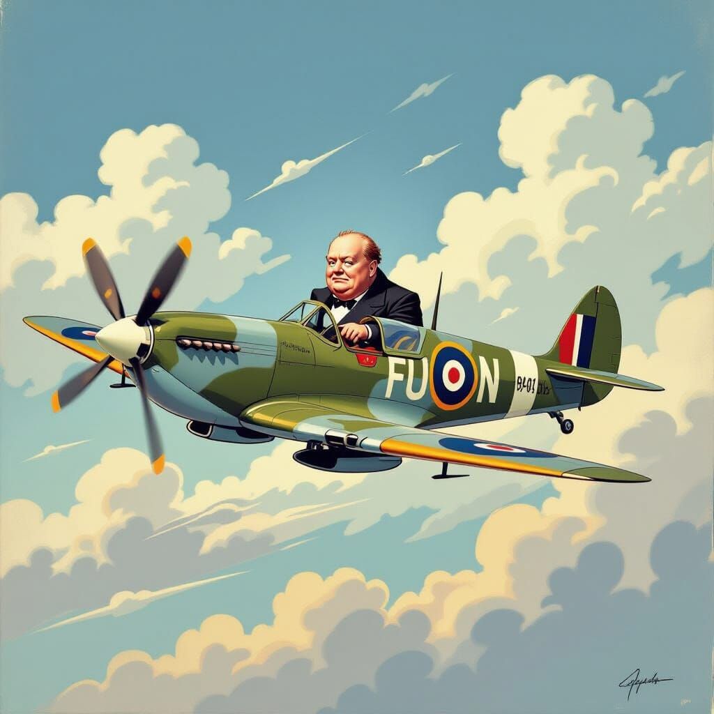 Winston Churchill Rides Spitfire in Humorous Caricature