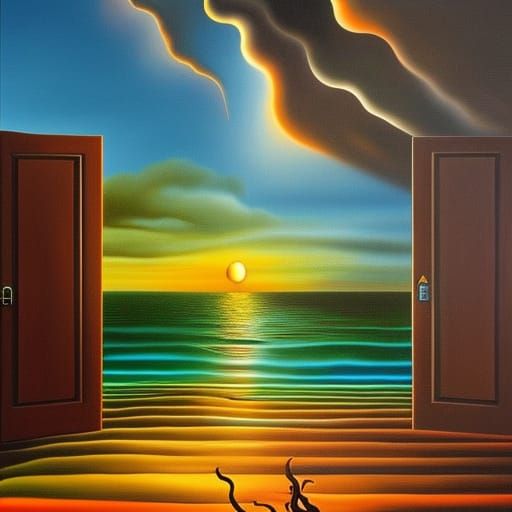 Surreal Green Door Amidst Sea Sunset Storm