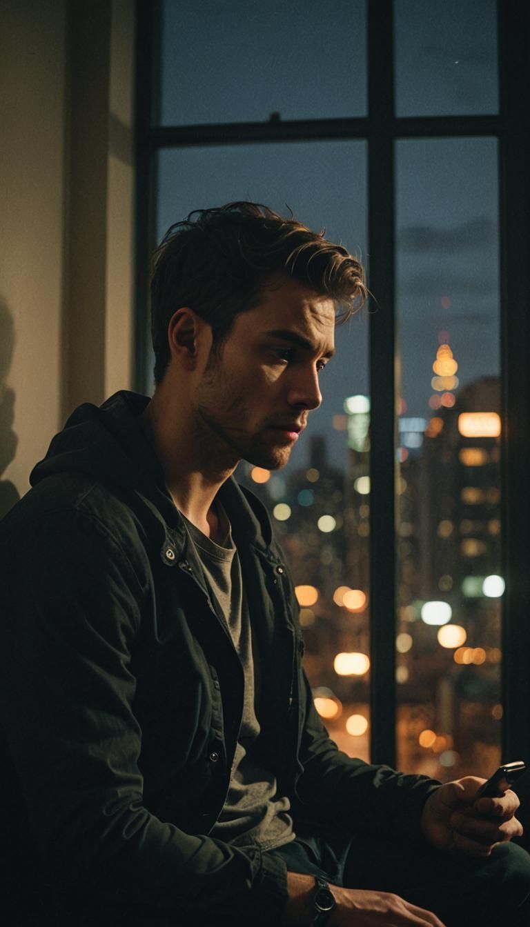 Cinematic Film Still: Young Man in Moody Apartment
