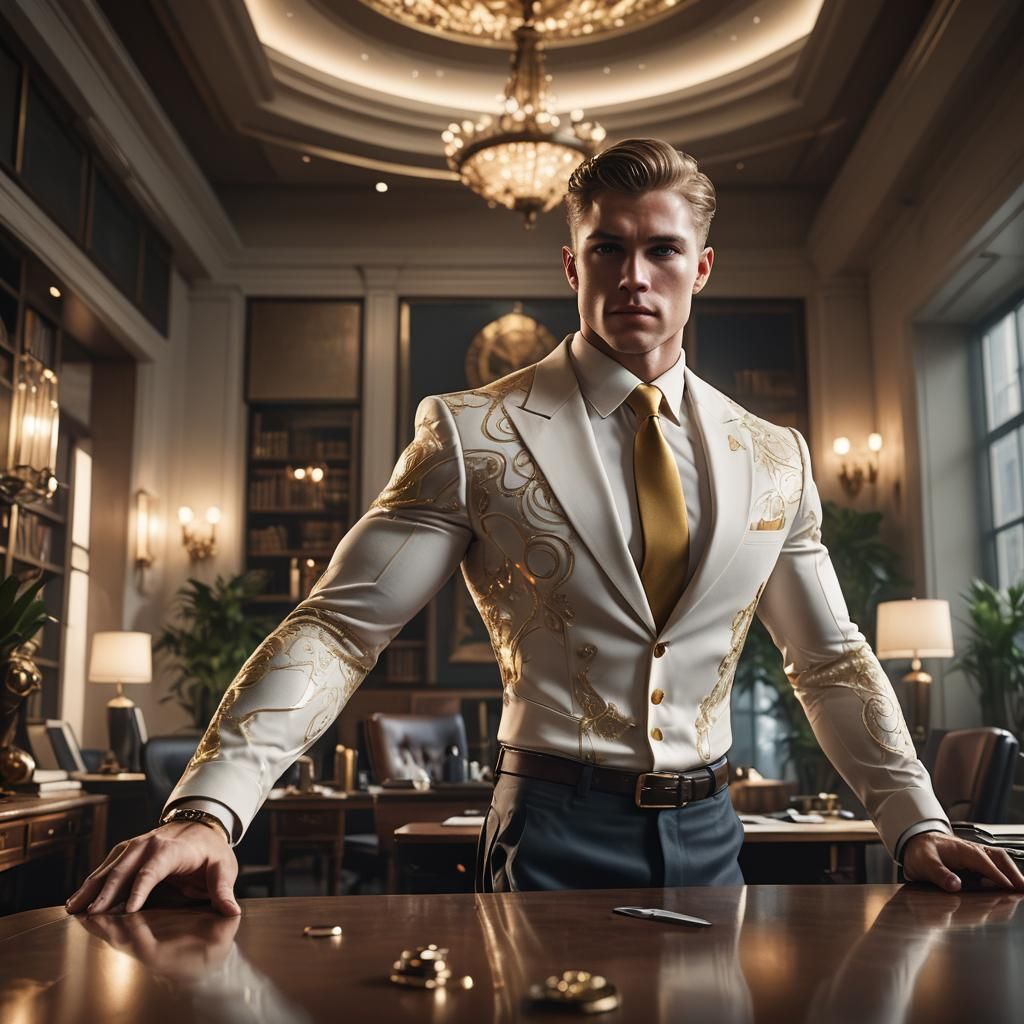 Ethereal Man Poses in Luxurious Office, in Unreal Engine 5 S...