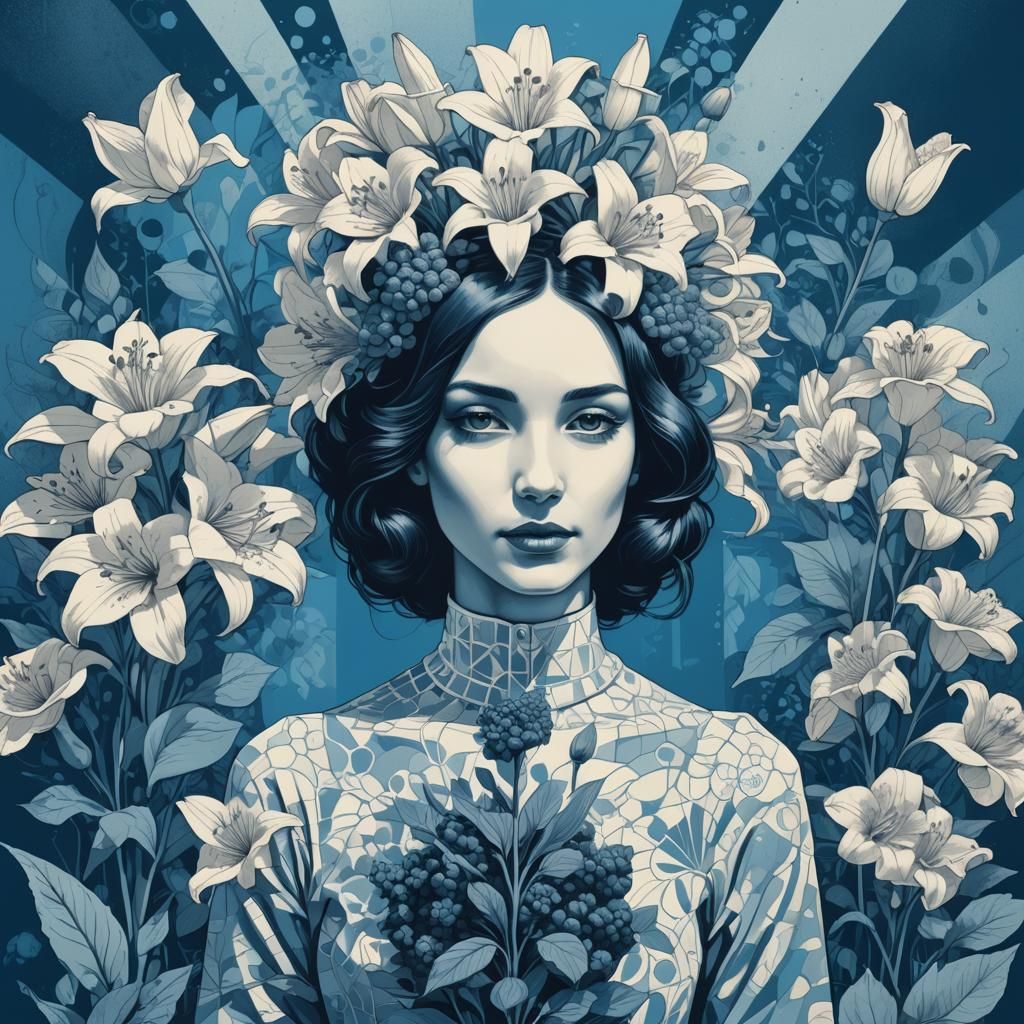 Monochromatic Blue Portrait with Lilies, Pop Art Style