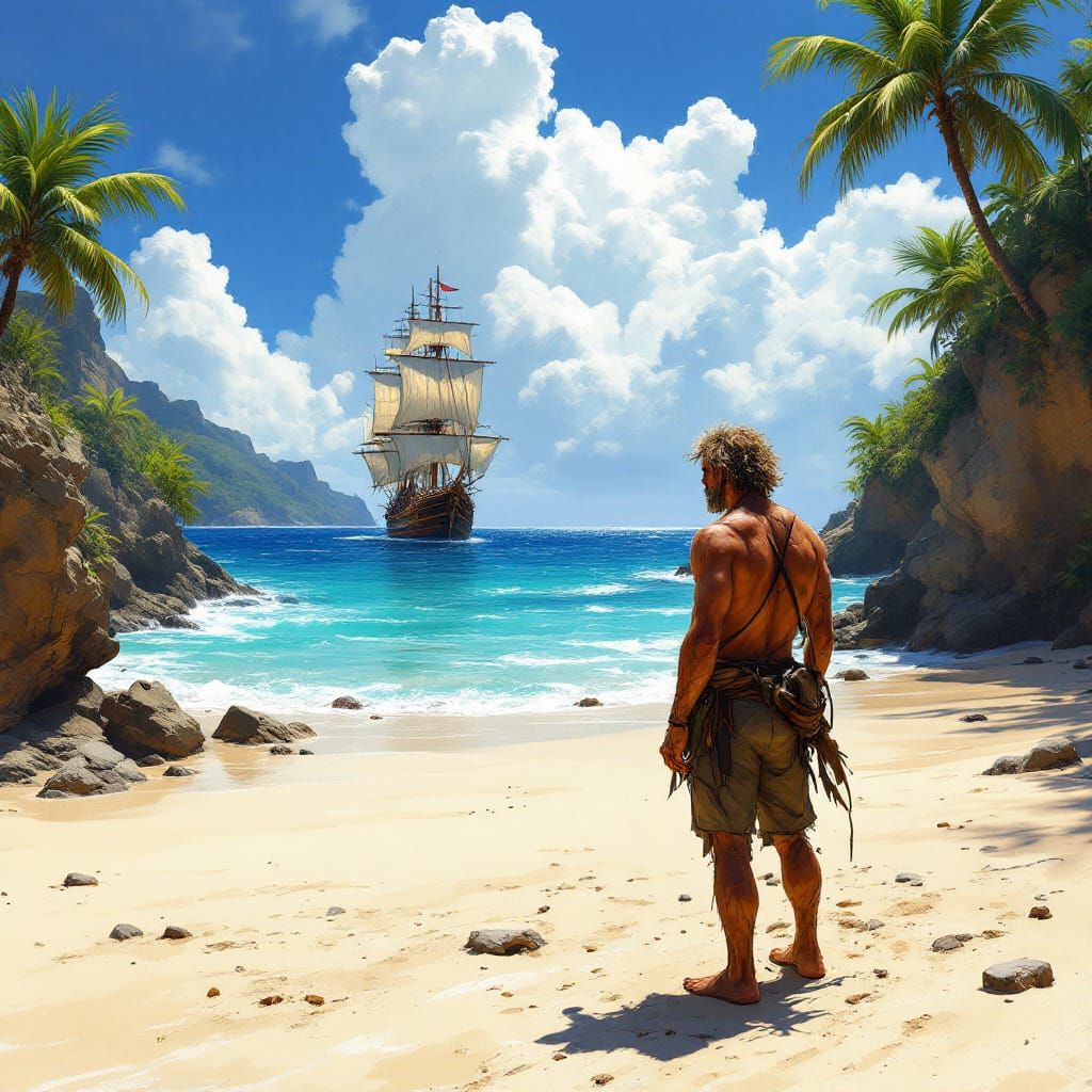 Castaway's Hope: Ship on the Horizon in Gurney Style