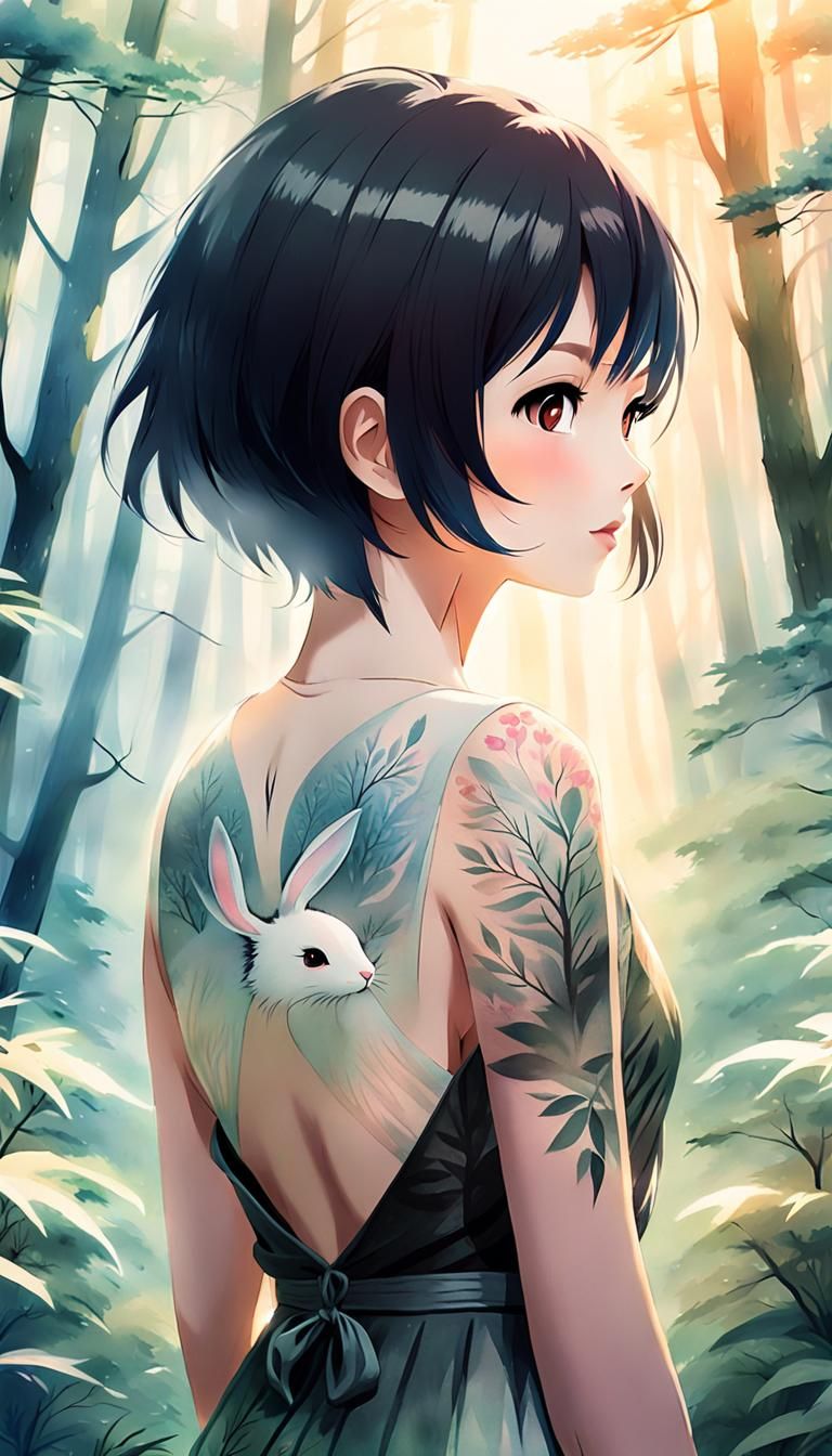 Anime Portrait of Woman with Rabbit Tattoo