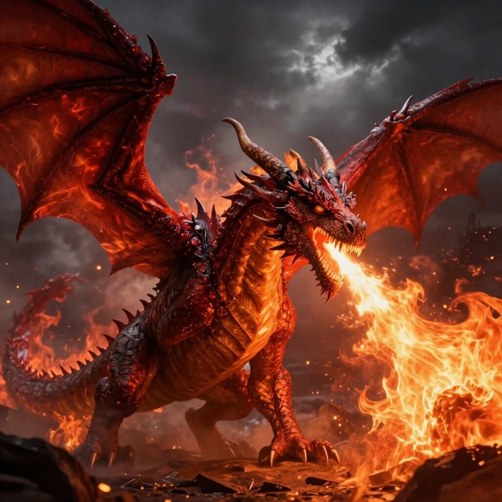 Hyperrealistic Dragon Breathes Fire in Stormy Sky