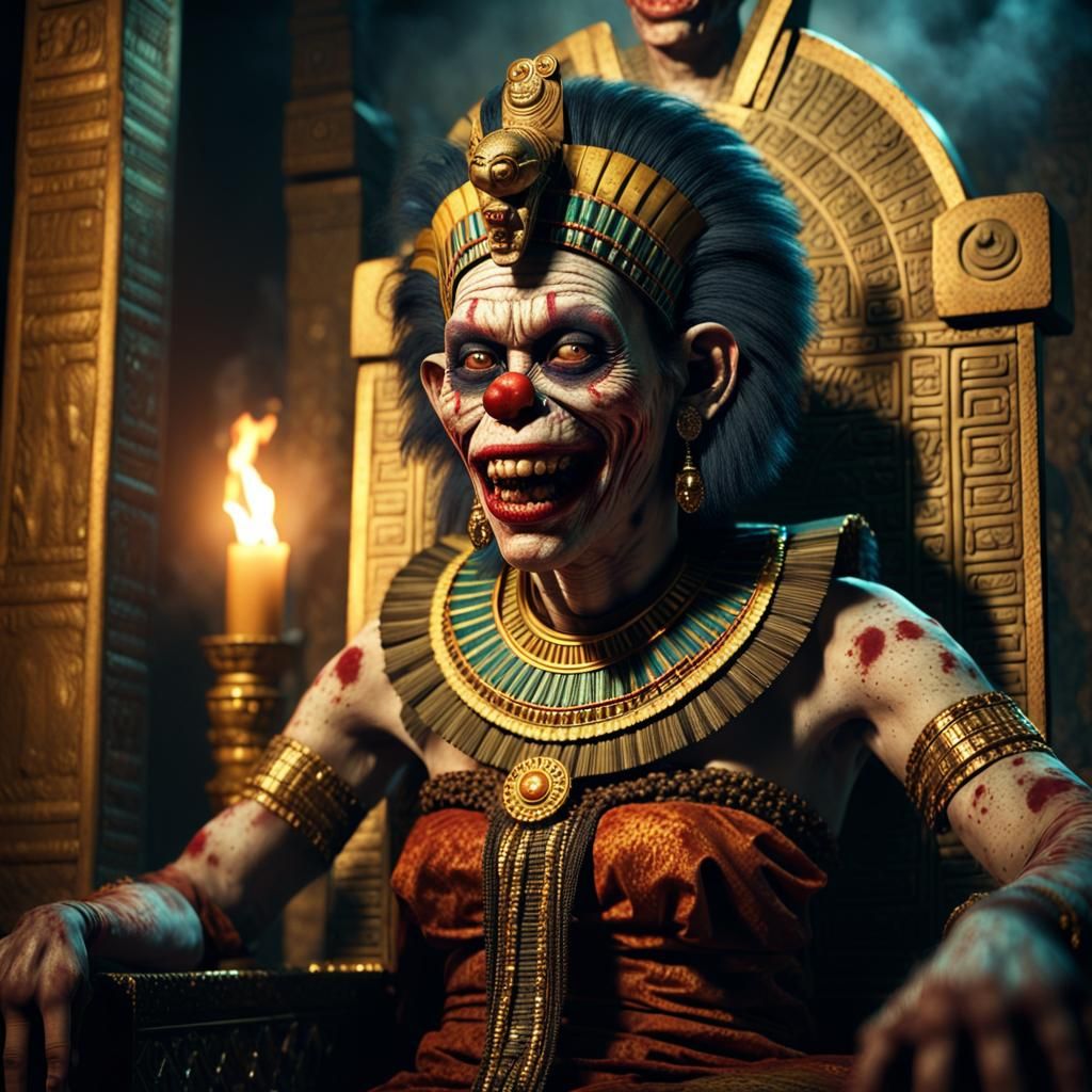 Zombie Monkey Clown Cleopatra in Ancient Throne Room