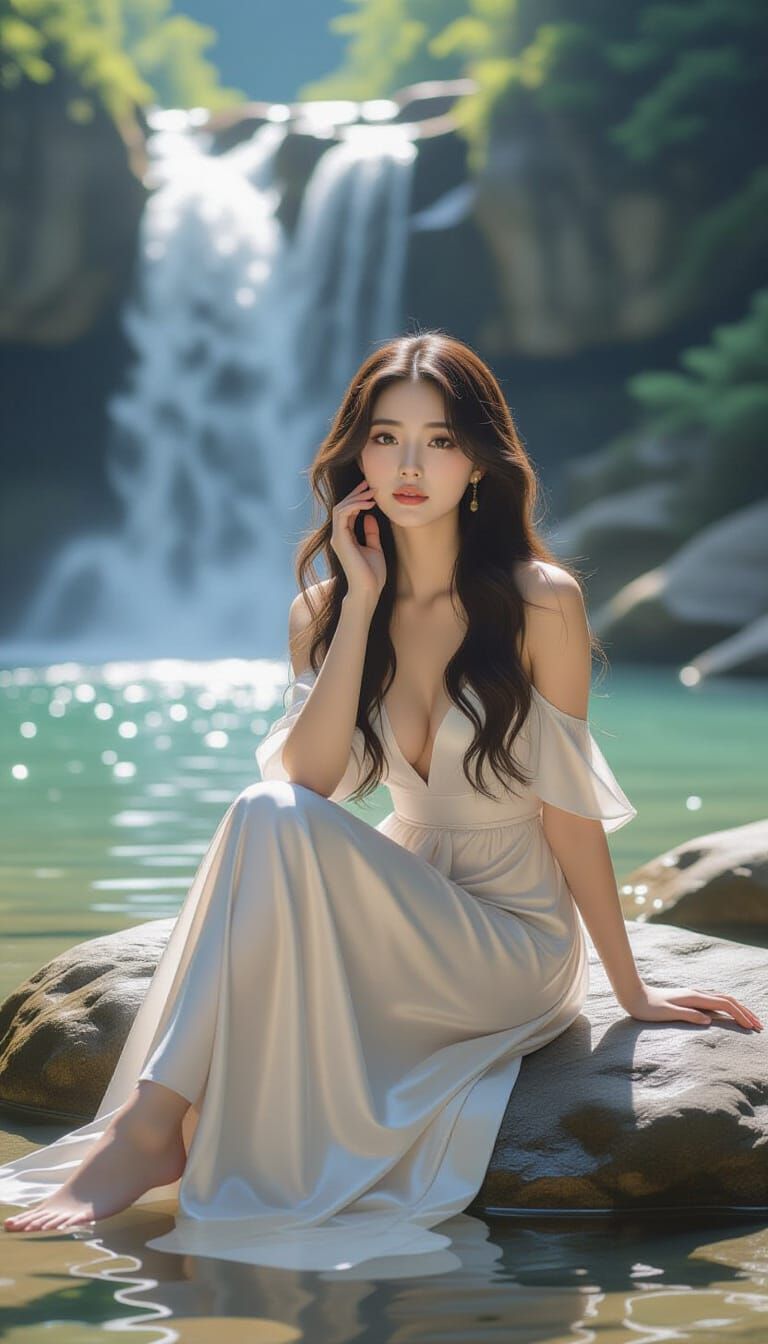 Korean Woman in Silk Dress by Waterfall
