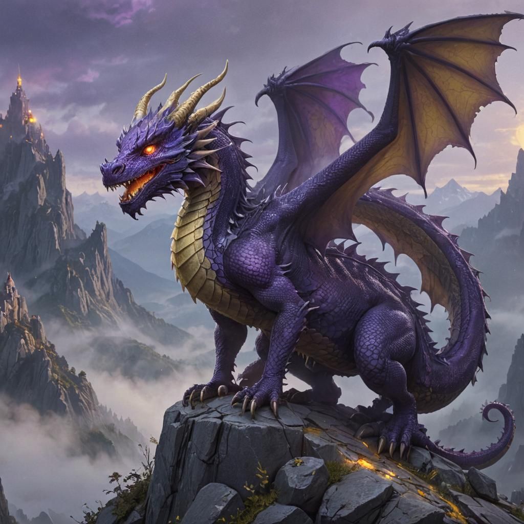 Mystical Purple Dragon on Misty Mountain Peak in Greg Rutkow...