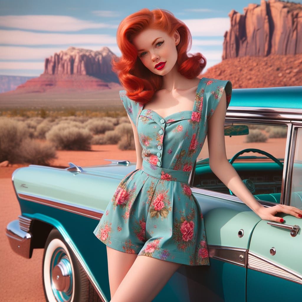 Classic Pin-Up Girl in Desert Landscape