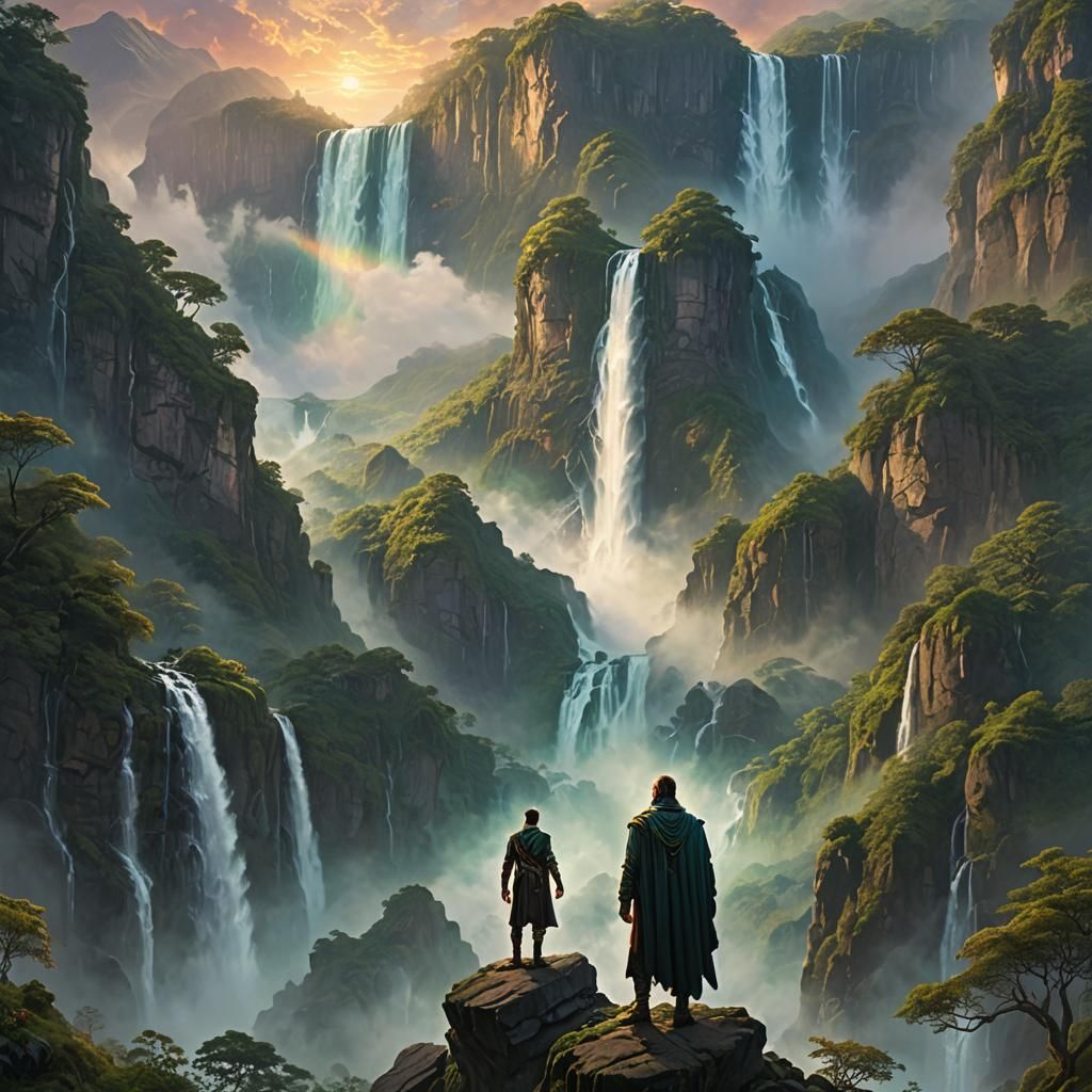 Mystical Mountain Dialogue at Dusk in Matte Painting