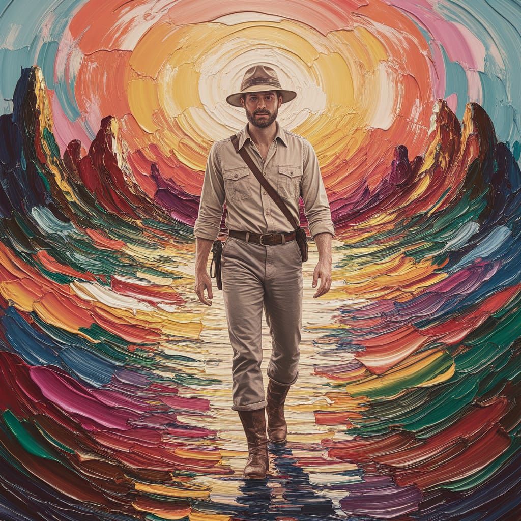 Explorer in Neo-Impressionist Landscape with Textured Paint