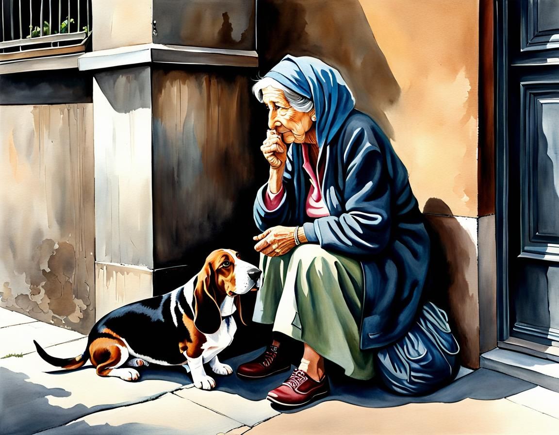 Homeless Woman with Basset Hound: Oil and Watercolor