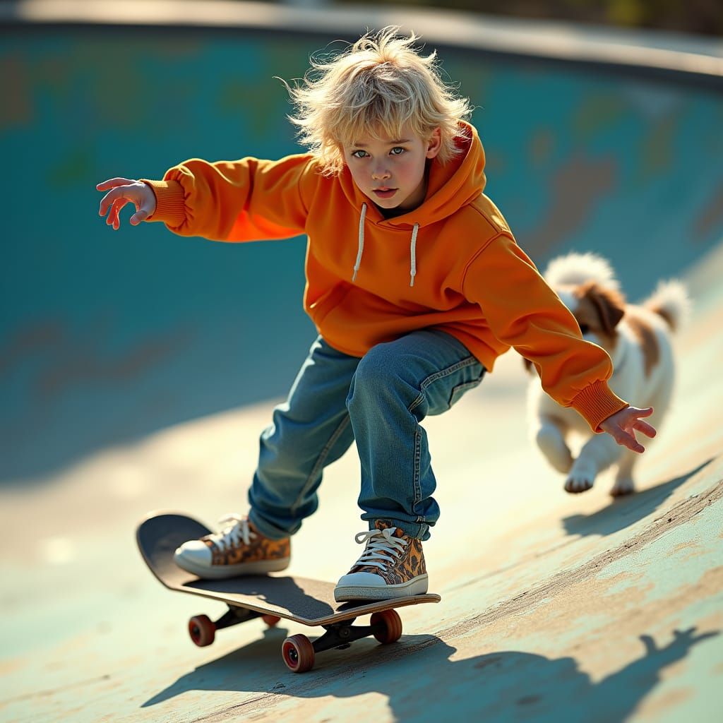 Boy on Skateboard with Dog in Digital Art Style