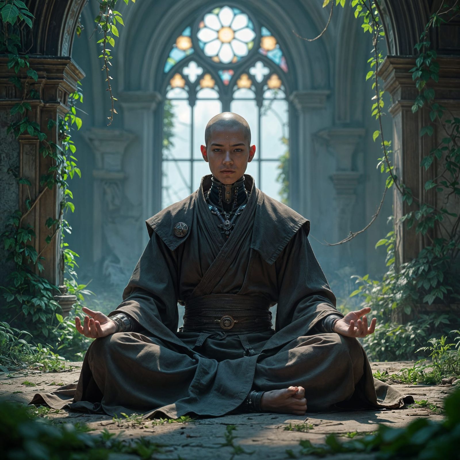 Cyborg Monk Meditating in Ruined Monastery