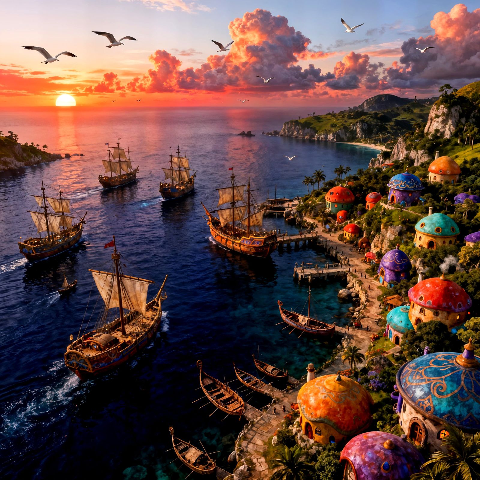 Fantasy Harbor at Sundown: Exotic Ships and Lush Landscape