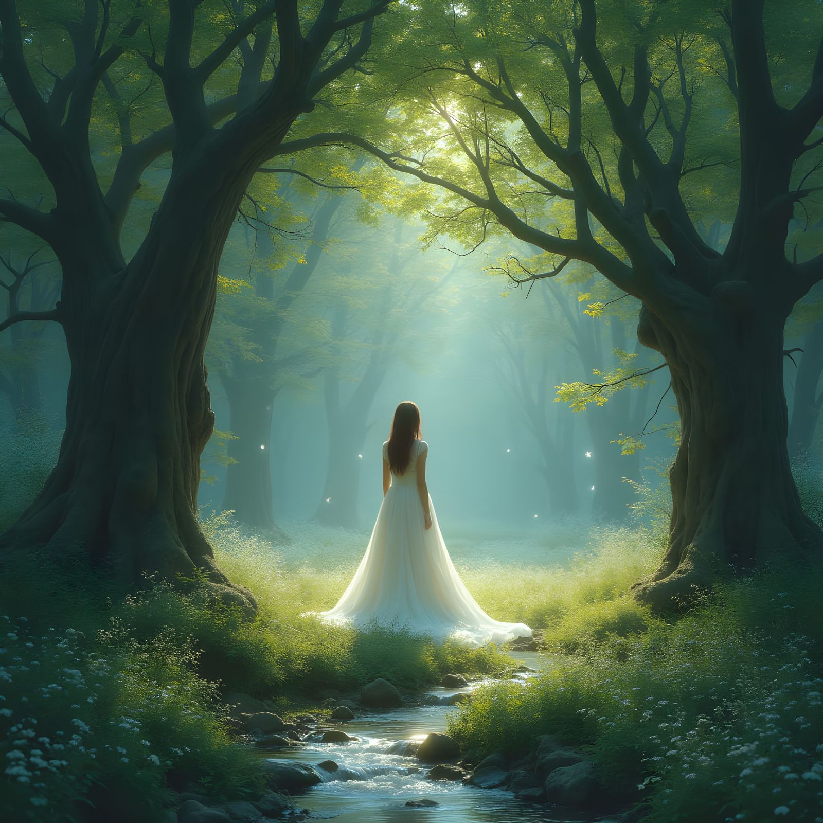 Enchanted Glade with Woman and Luminescent Flowers