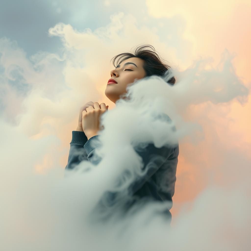 Dreamlike Figure in Pastel Clouds: Surrealist Art