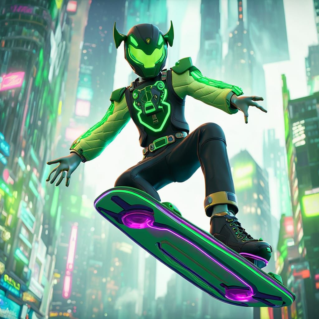 Green Psycho Ranger on Hoverboard in Anime Style