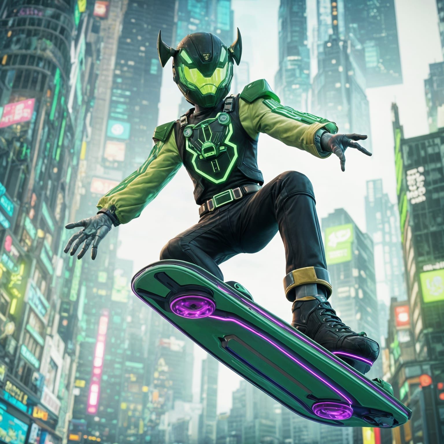 Green Psycho Ranger on Hoverboard in Anime Style