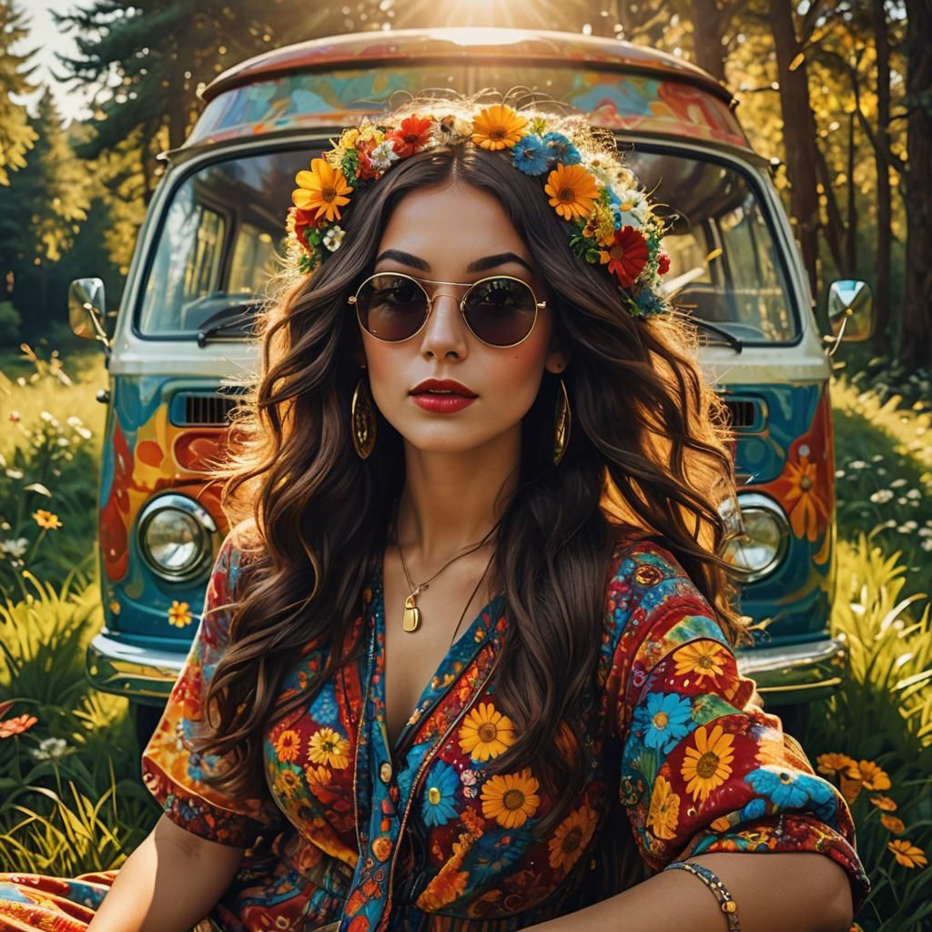 Groovy Hippie Woman in Psychedelic 60s Scene