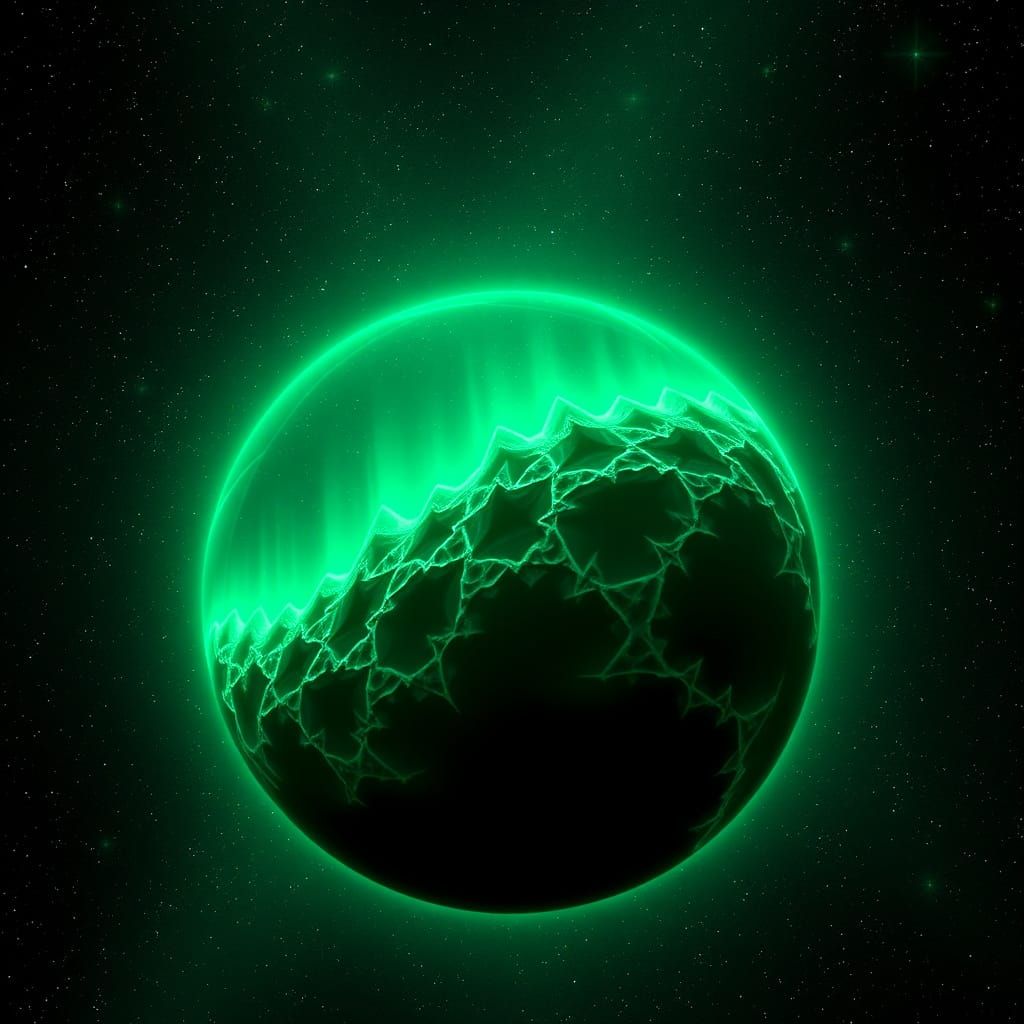 Mobius Fractal Green Planet with Cosmic Sky