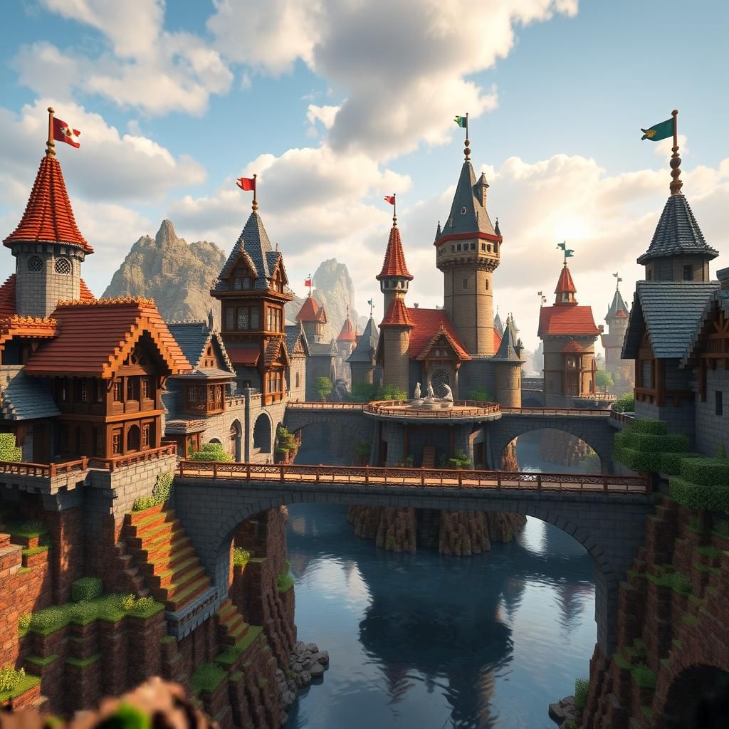 Minecraft Buildings Connected by Bridges: Professional Photo