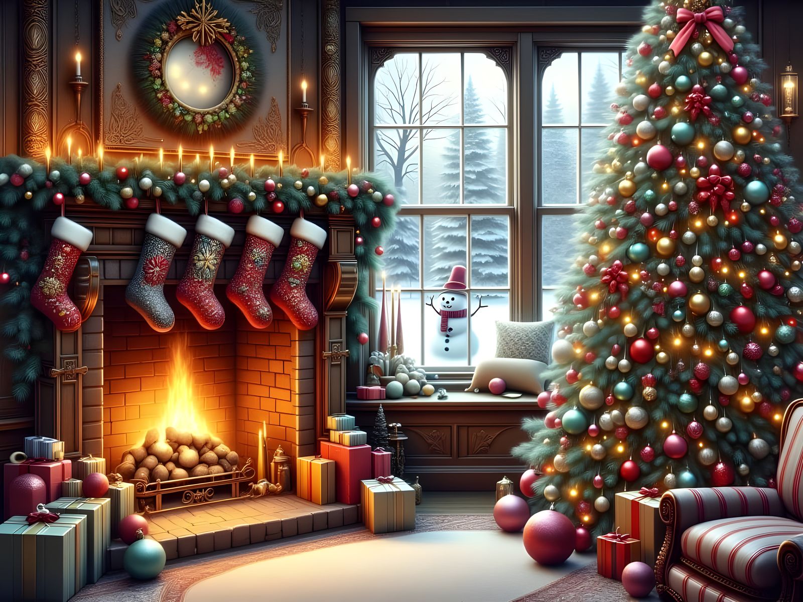 Cozy Christmas Socks by the Fireplace in a Snowy Garden