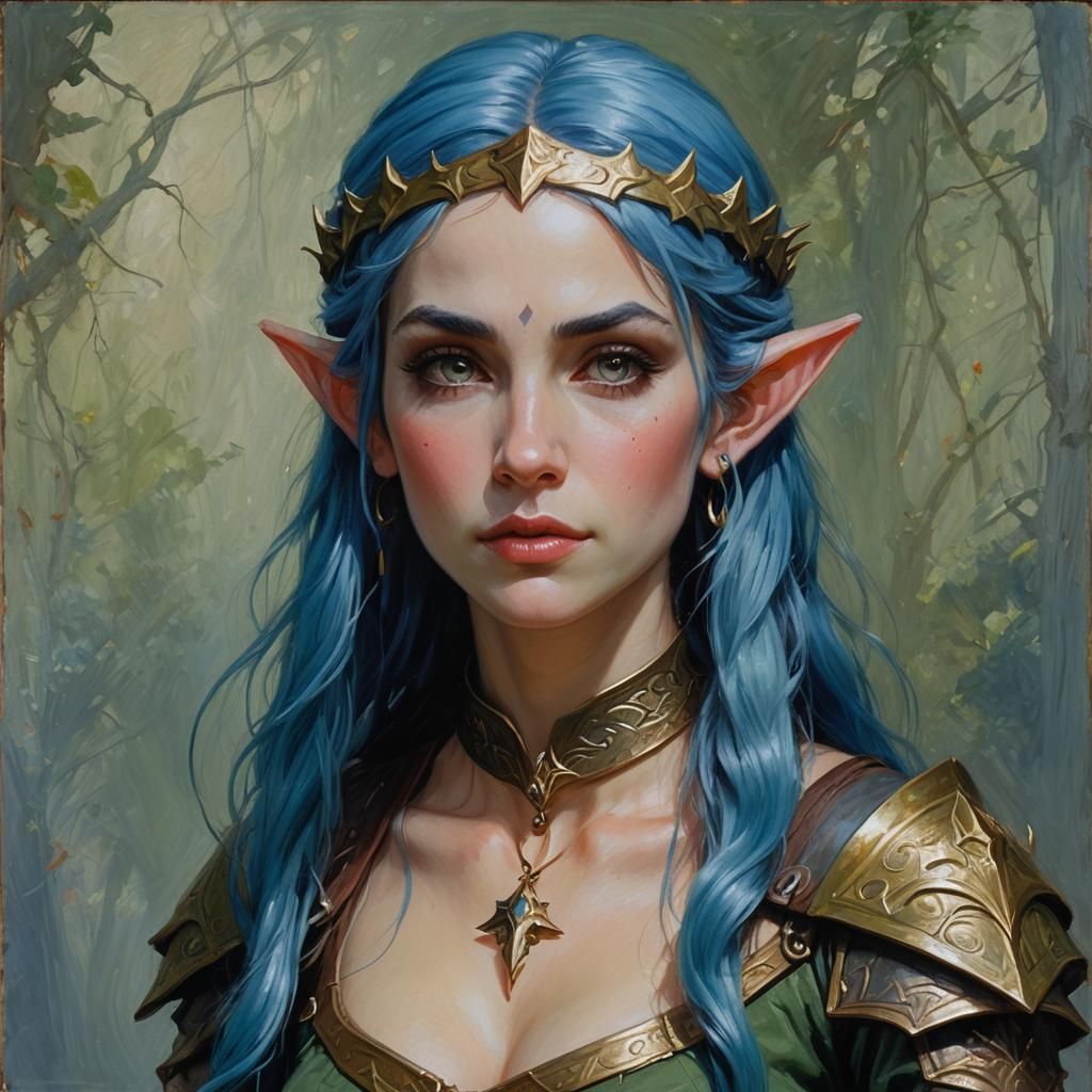 Blue-Haired Elf Portrait in Oil Painting Style