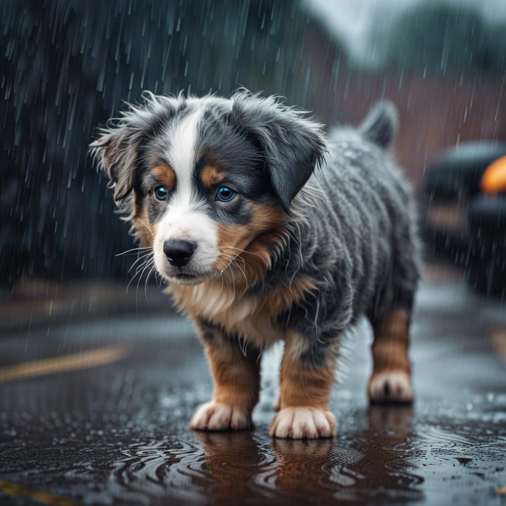 Adorable Fluffy Puppy in the Rain: Hyperrealistic HDR