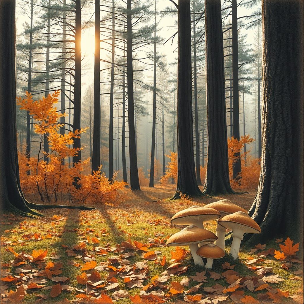 Autumn Forest: Boletus Mushrooms in Charcoal Style