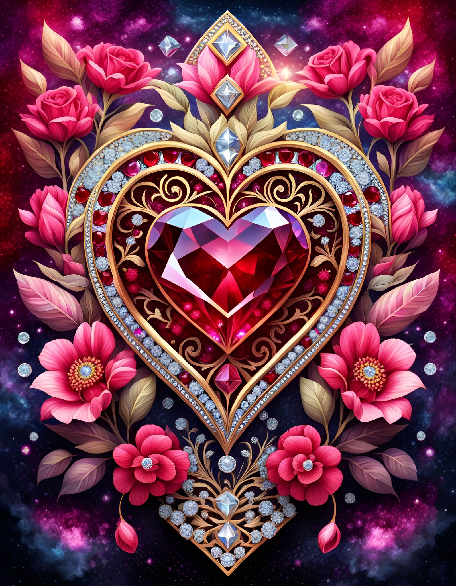 Ruby Art Deco Heart with Flowers, Holographic Illustration