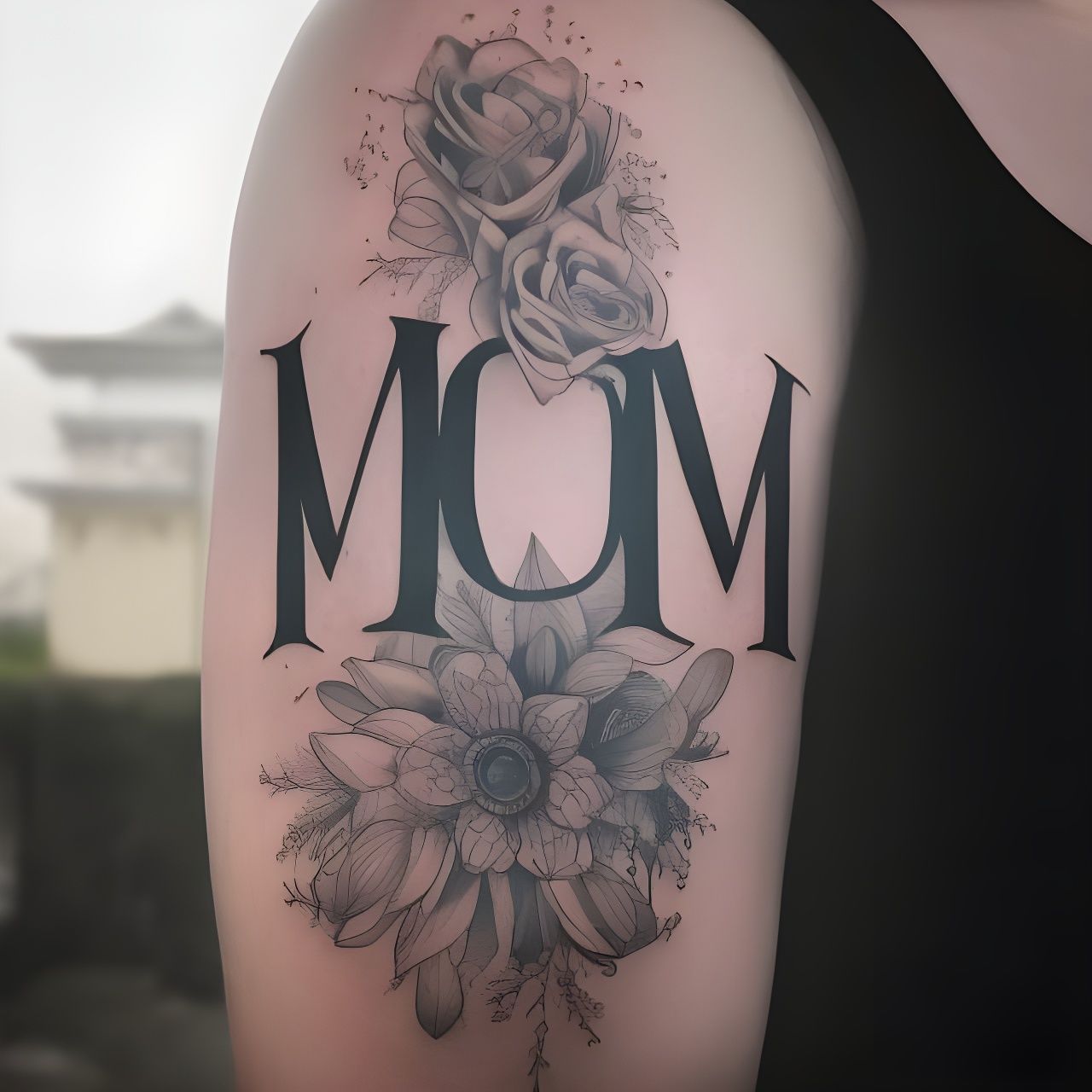 Detailed Arm Tattoo of 'MOM' in Heart