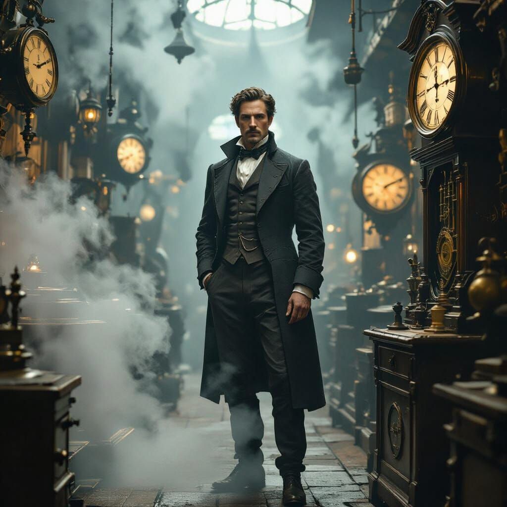 Victorian Man in Industrial Mystical Setting