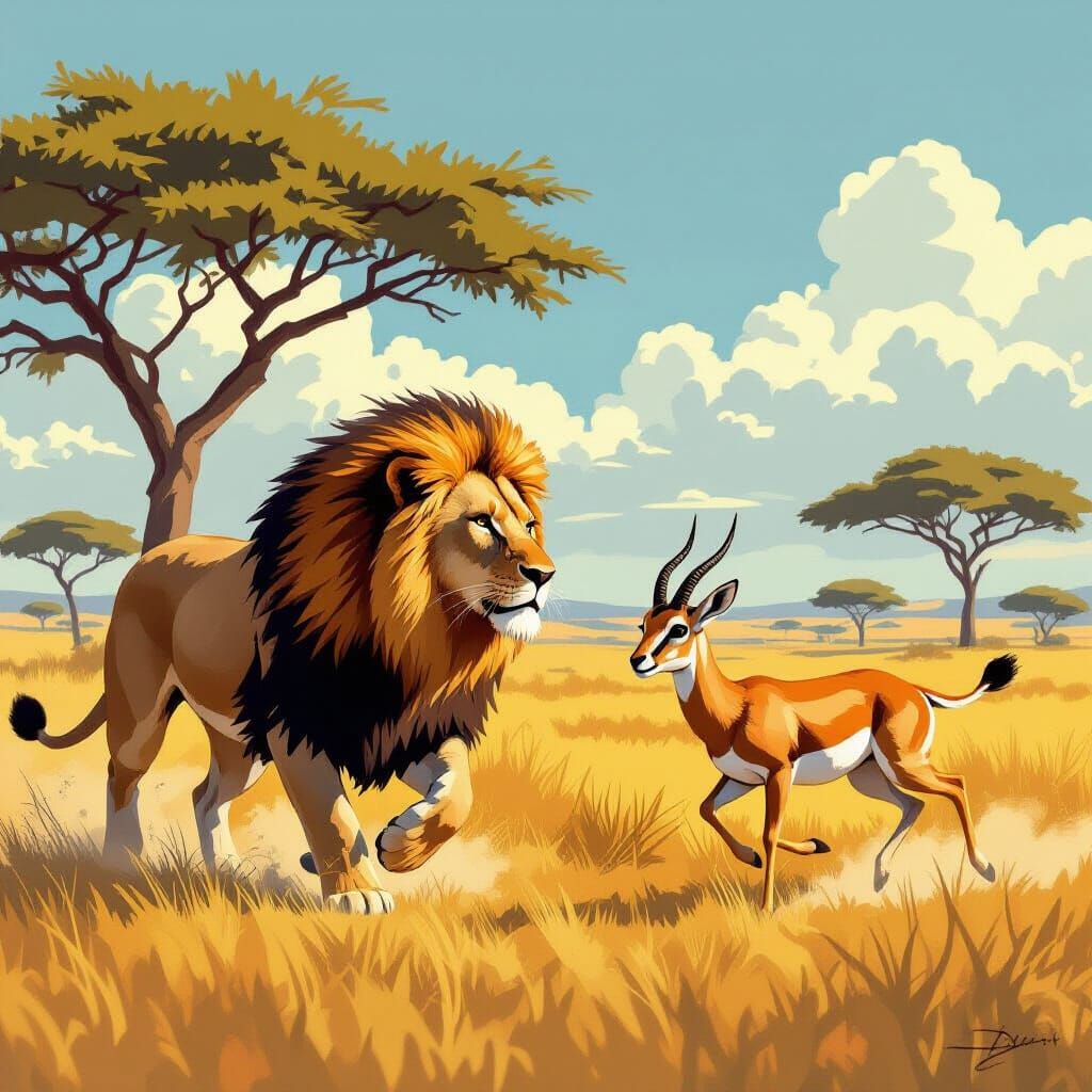 Lion Chasing Gazelle on Savannah in Digital Art Style