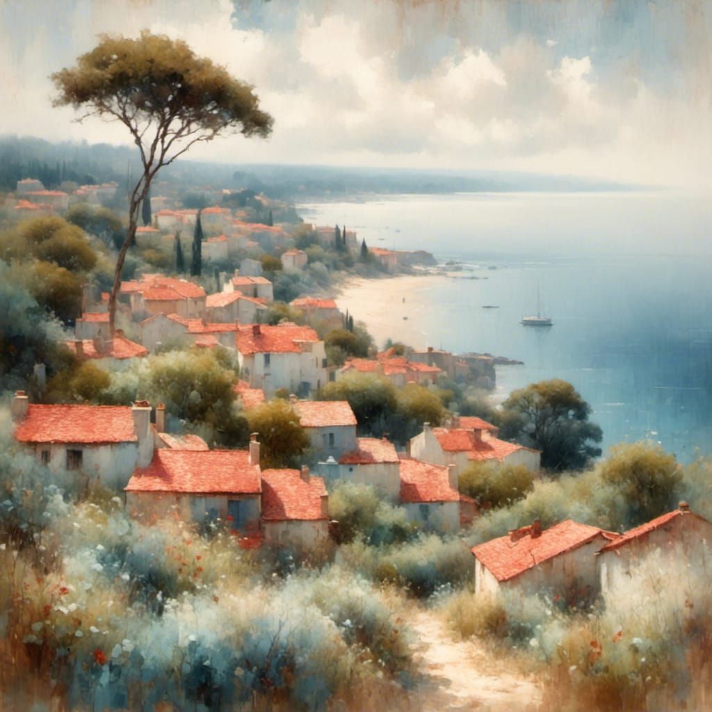 Impressionist Coastal Landscape with Red-Tiled Roofs