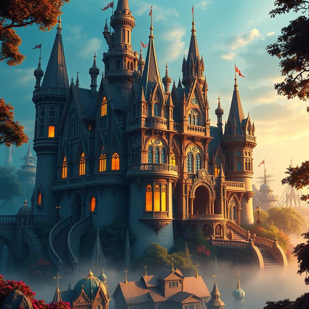 Majestic Coffee Castle in Whimsical Fantasy Landscape