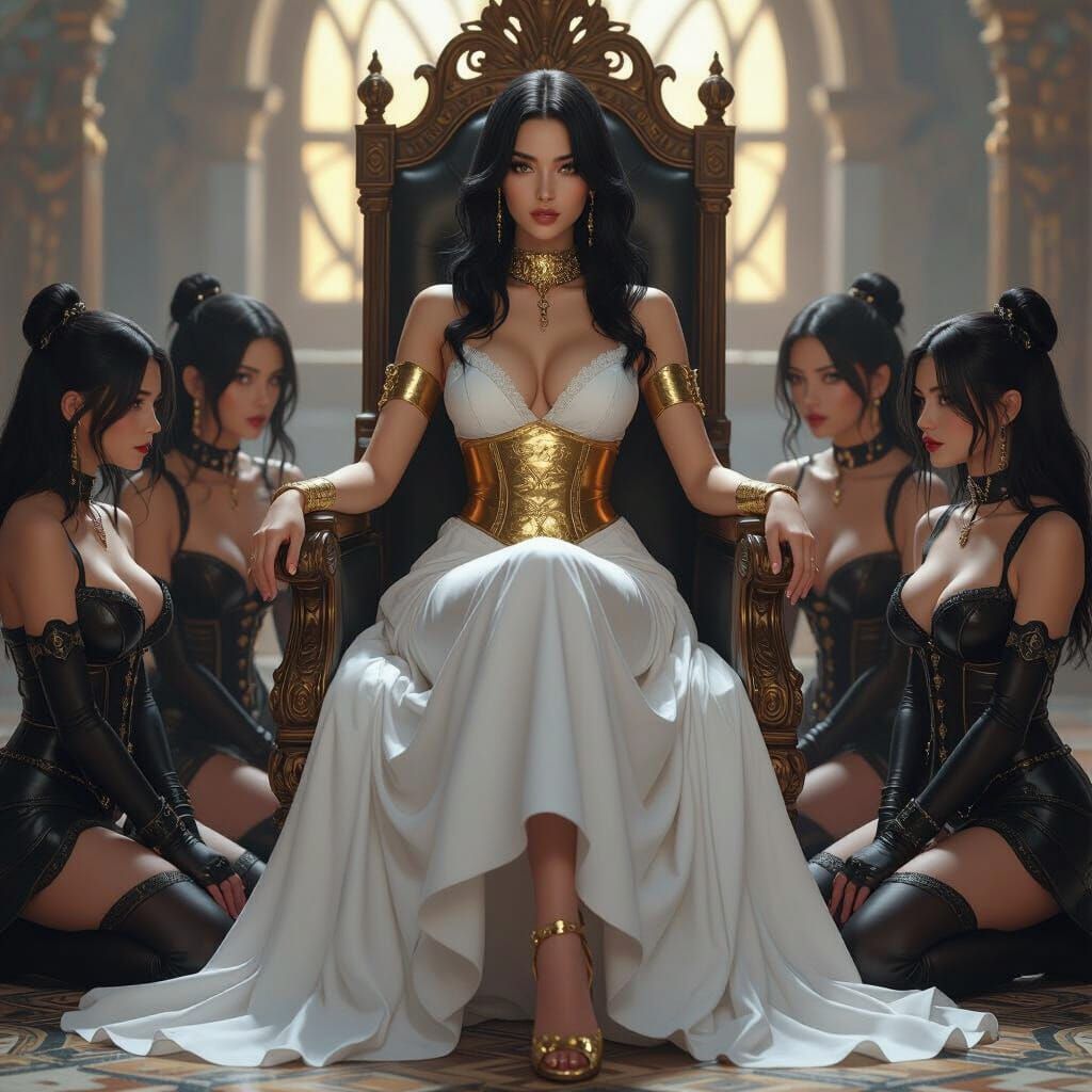 Queen on Throne with Attendants in Dramatic Lighting