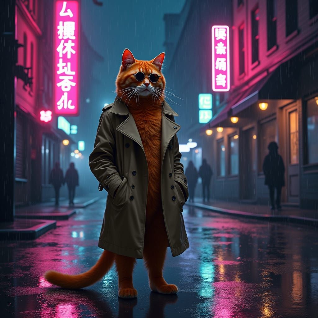Mysterious Orange Cat Stands Tall in Neon-Lit Rainy Night Sc...