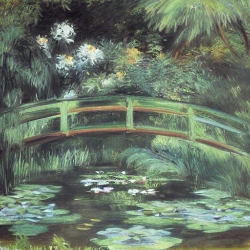 Pond With Water Lilies and Waterfall in Morning Sunrays