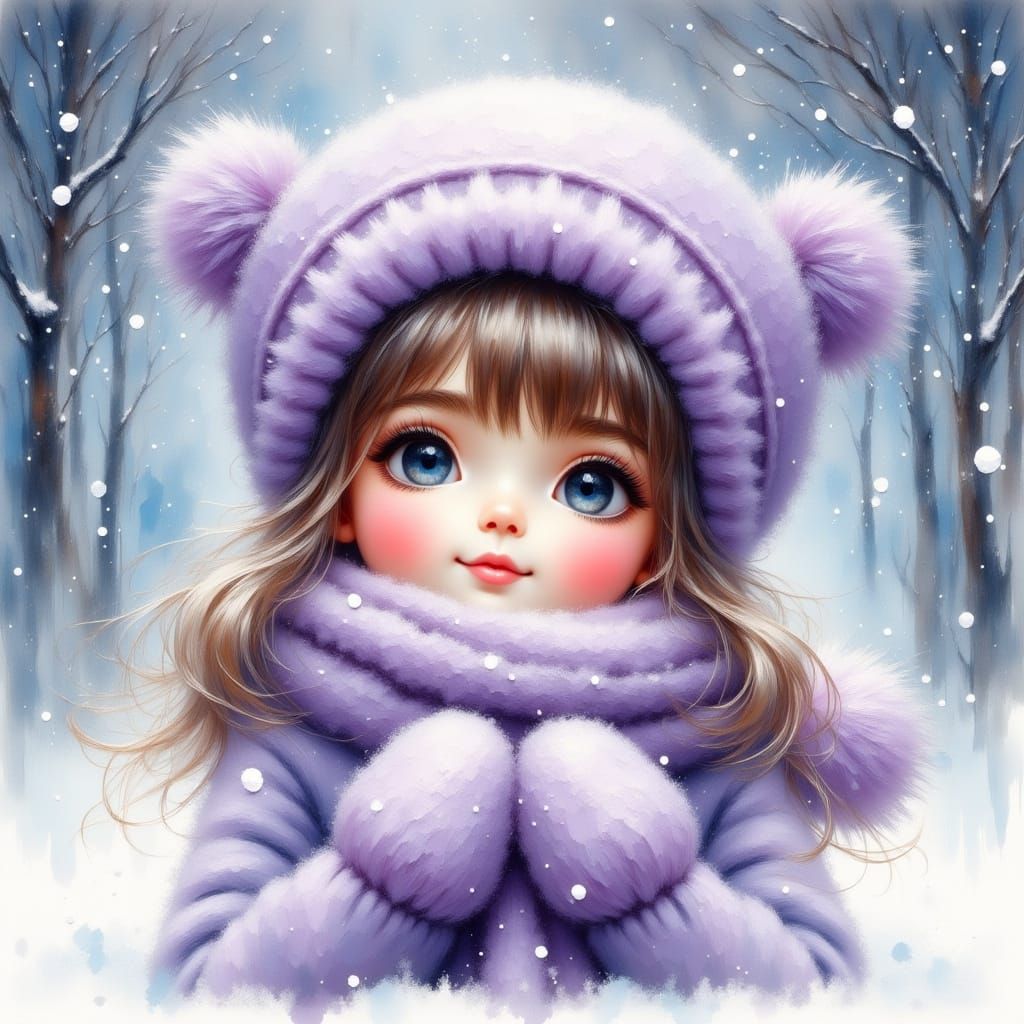 Adorable Girl in Lavender Coat Playing in Chalk Snow