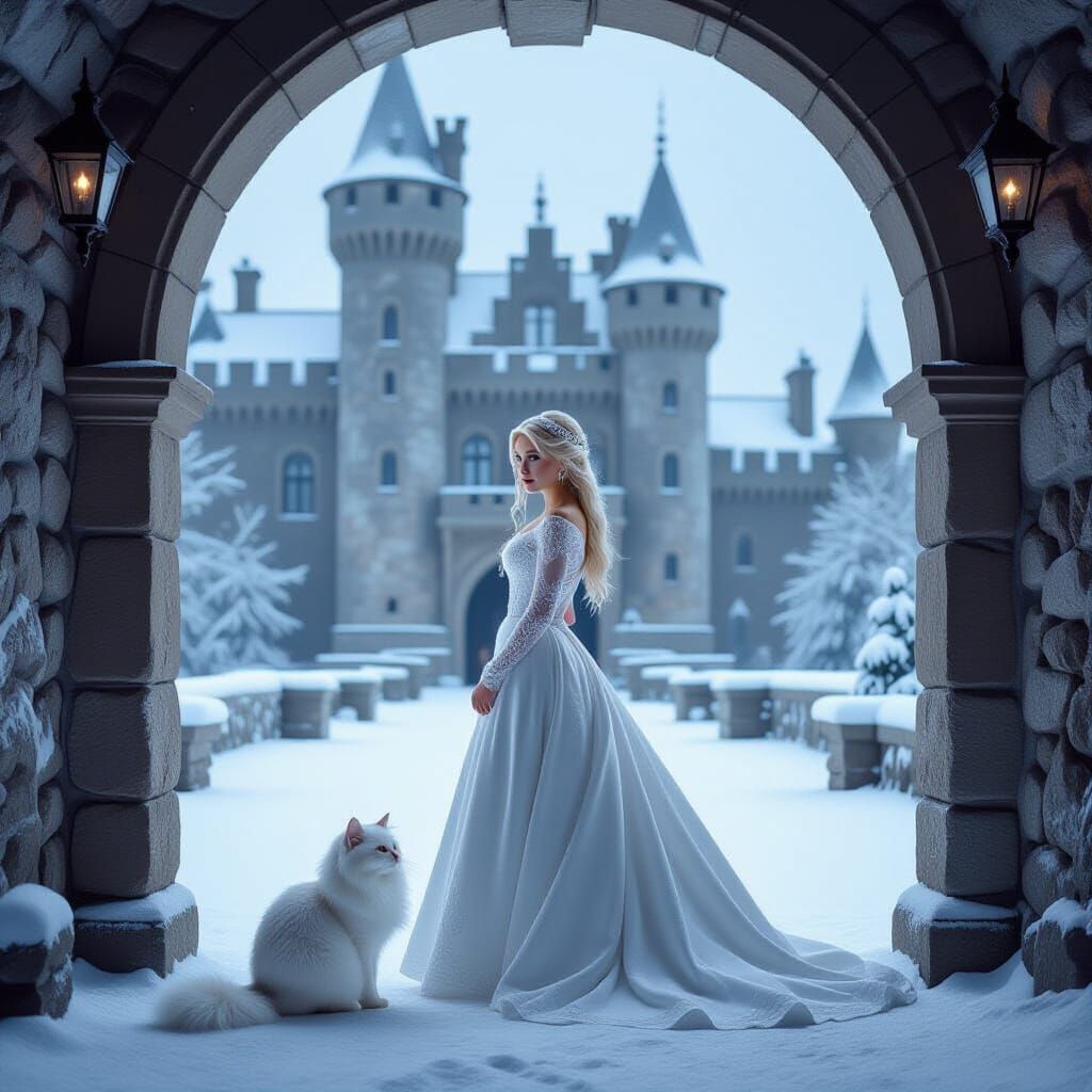 Ice Princess and Persian Cat in Castle Courtyard