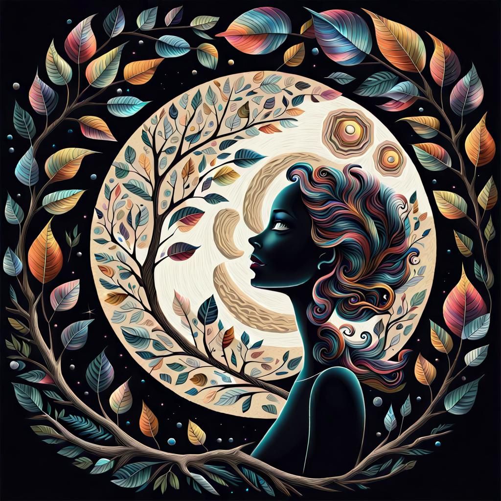 Stylized Moon with Woman's Face and Colorful Tree