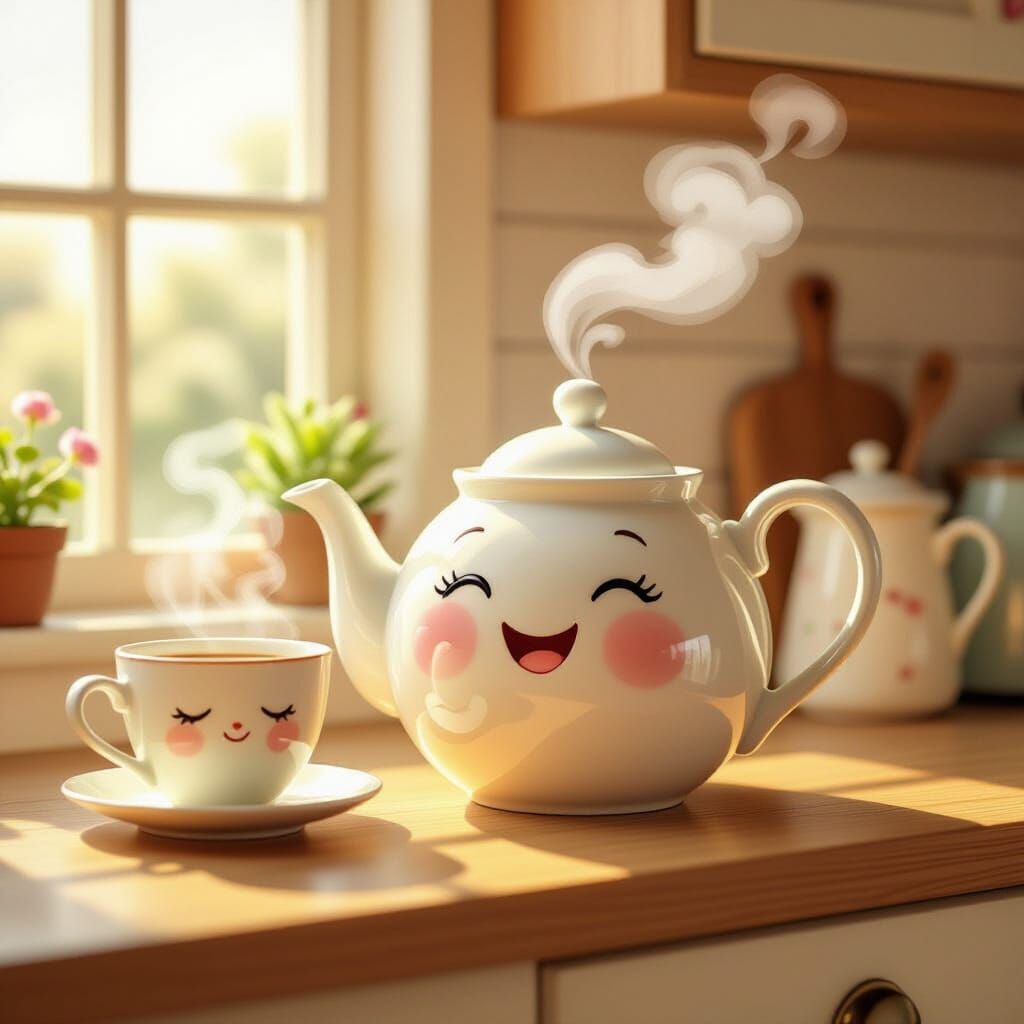 Whimsical Teapot and Teacup in Morning Sunlight