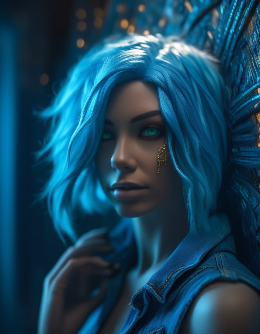 Hyper-Realistic Denim Goddess with Cyan Hair