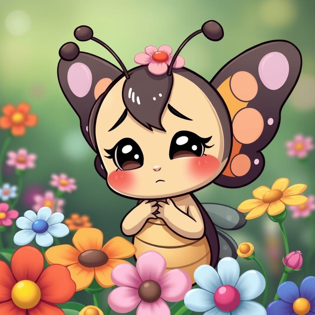 Cute Chibi Butterfly Confused by Colorful Flowers